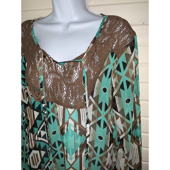 Rancho Estancia Sz MEDIUM Green Brown Southwest Chiffon Lace Trim Tunic EUC - Picture 1 of 11